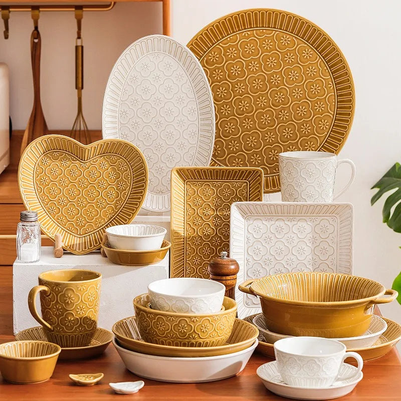 Wholesale Creative Begonia Flower Porcelain Embossed Dinnerware Sets Food Contact Safe for Home Restaurant Hotel Use