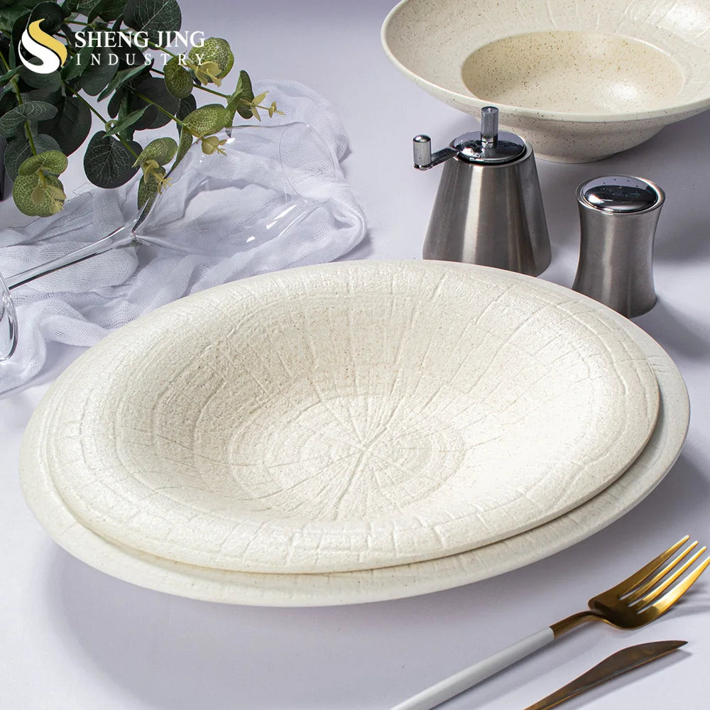 Shengjing Hot Beige Reverse Rim Ceramic Oval Plate Odd Shape Hats Plate Restaurant Rock Pattern Porcelain Deep Plates