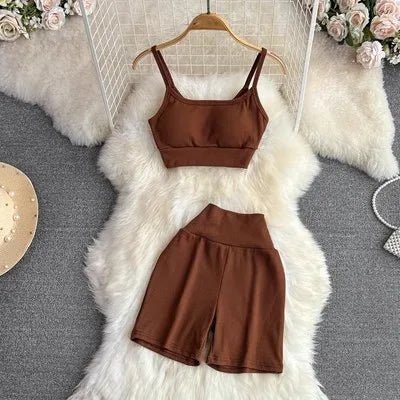 One Size Sports Fashion Set Short Strap Vest Ultra High Waisted Five Part Wide Leg Shorts Two Piece Set