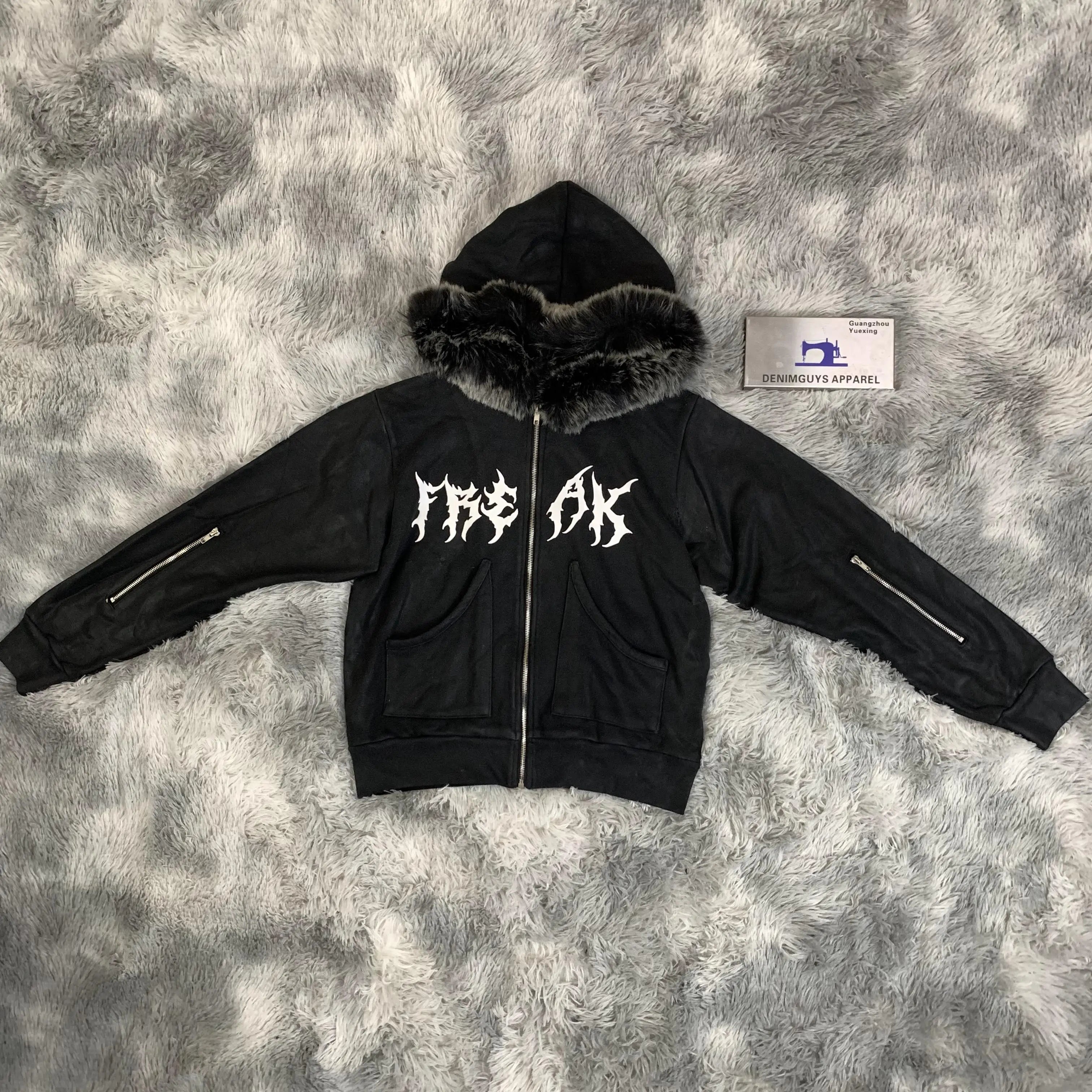 DENIMGUYS Custom Logo Print Waxed Hoodies for Men Y2k American Long Sleeve Fur Hooded Black Streetwear Wax Hoodie