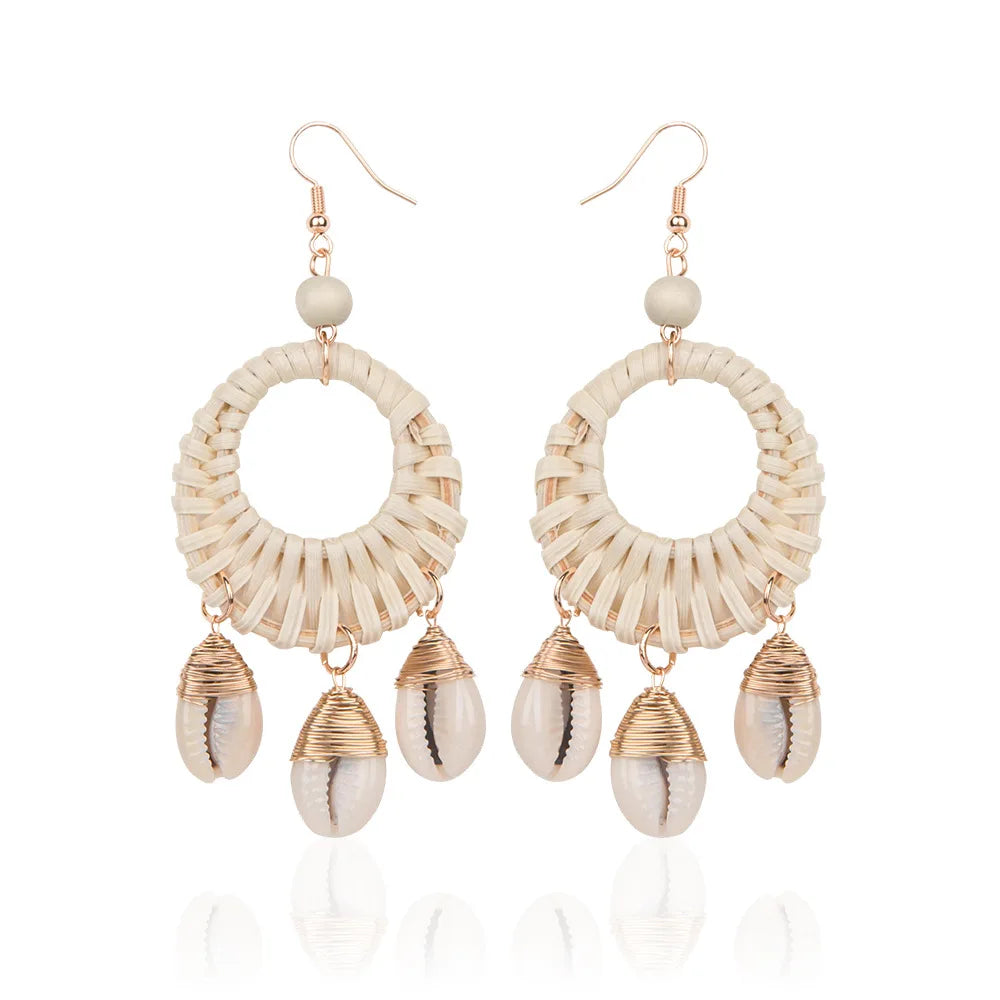2021 High Selling Earring Accessories Geometric Statement Earrings Woven Shell Rattan Earrings for Women