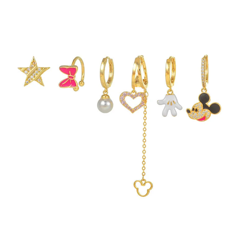 SP Cute Girl Fashion Pink Enamel Mouse Earrings Sets 18K Gold Plated Zircon Heart Long Tassel Earring Set