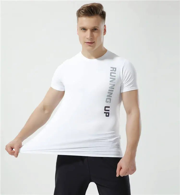 Ice Silk Nylon Silky Elastic Gym Fitness Clothes Running Sports Short-sleeved Basketball Training Men Tops