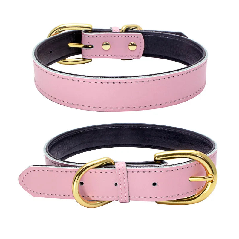 Fashion Solid Brown PU Leather Dog Collar and Leash Adjustable Gold Buckle Durable for Medium Large XL Dogs Training Use