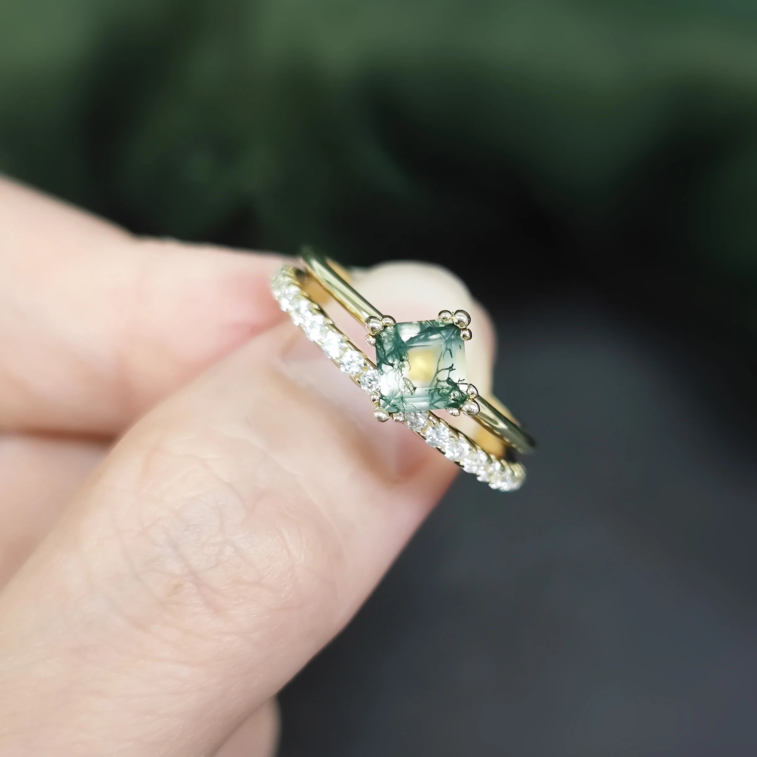 Professional Fine Jewelry Factory 925 Sterling Silver Band Ring Set Moss Agate Natural Stone 18K Gold Plated Stacking Ring