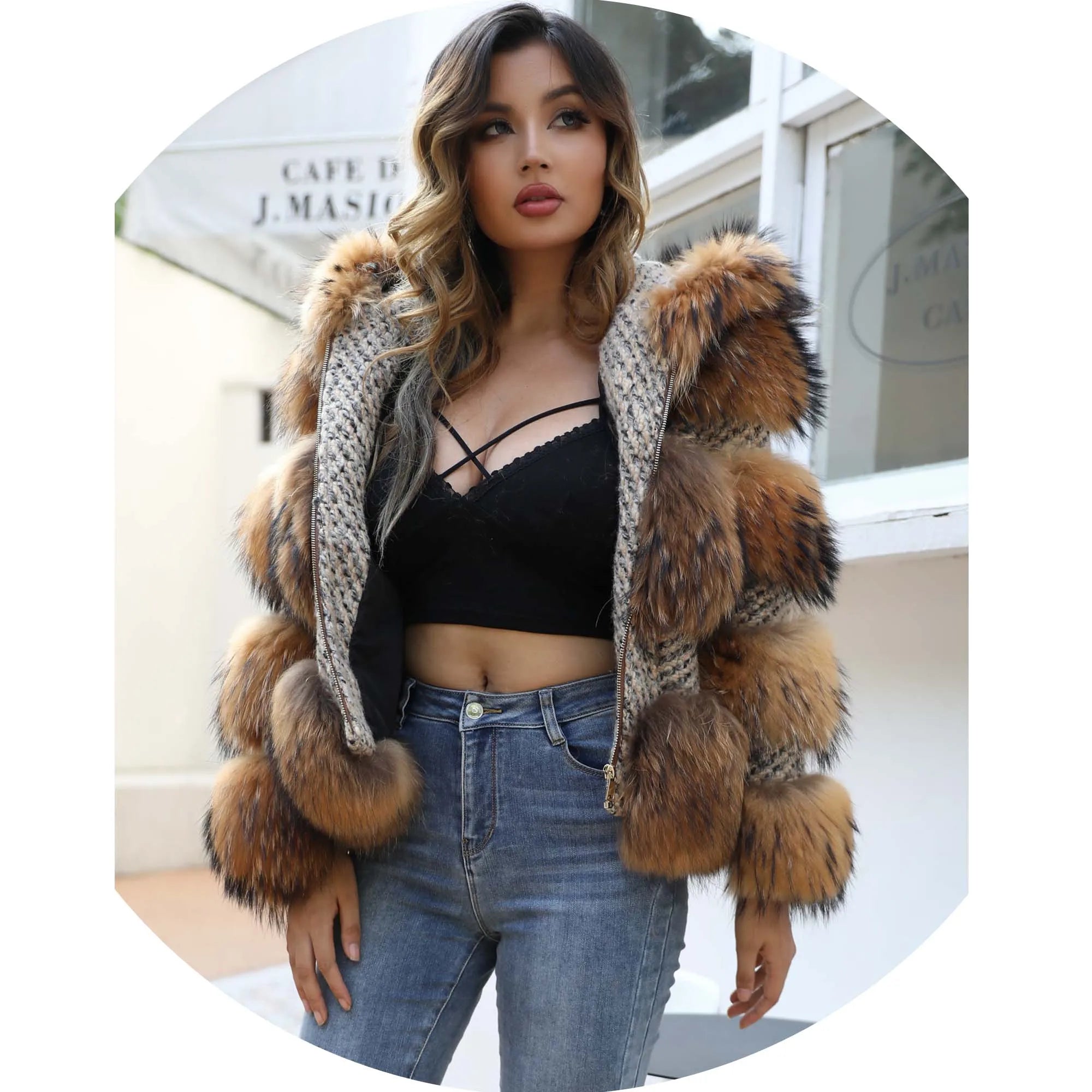 Luxury Women Natural Raccoon Color Hooded Raccoon Fur Jacket Coat Women