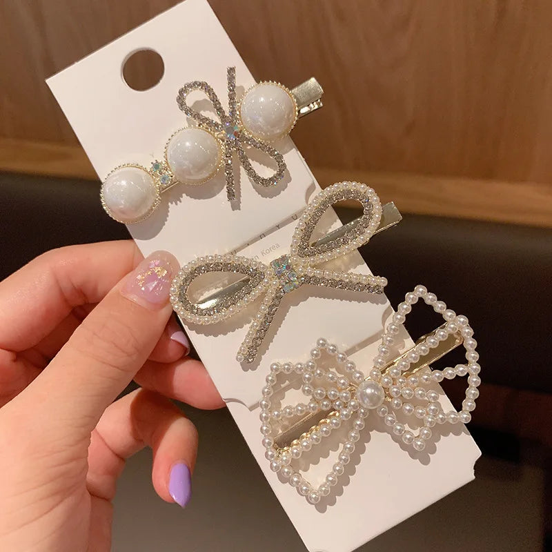 Fashion Rhinestone Hairpins Women Girls Crystal Bow Hair Clips Pearl Hairgrip Headpiece