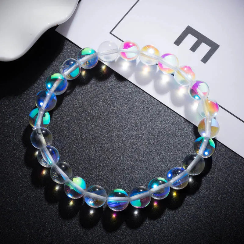 Fashion Holographic Mystic Aurora Bead Borealis Gift Stretch Bracelet Wholesale Frosted Stone White Mermaid Glass Bracelet