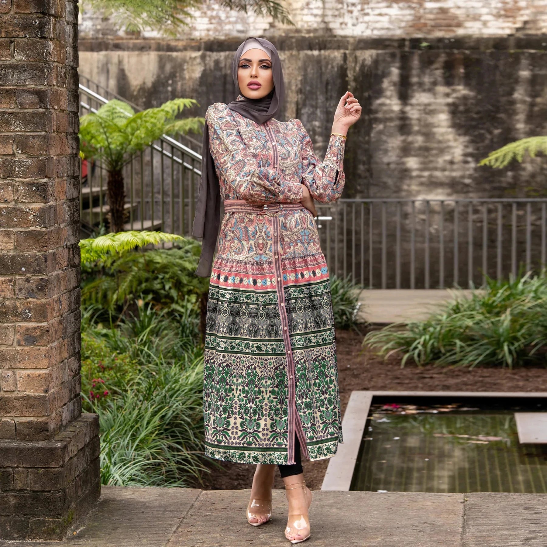 Elegant Women Islamic Dress High Collar Button Waistband Full Printed Muslim Abaya Afghan Dresses for Muslimah