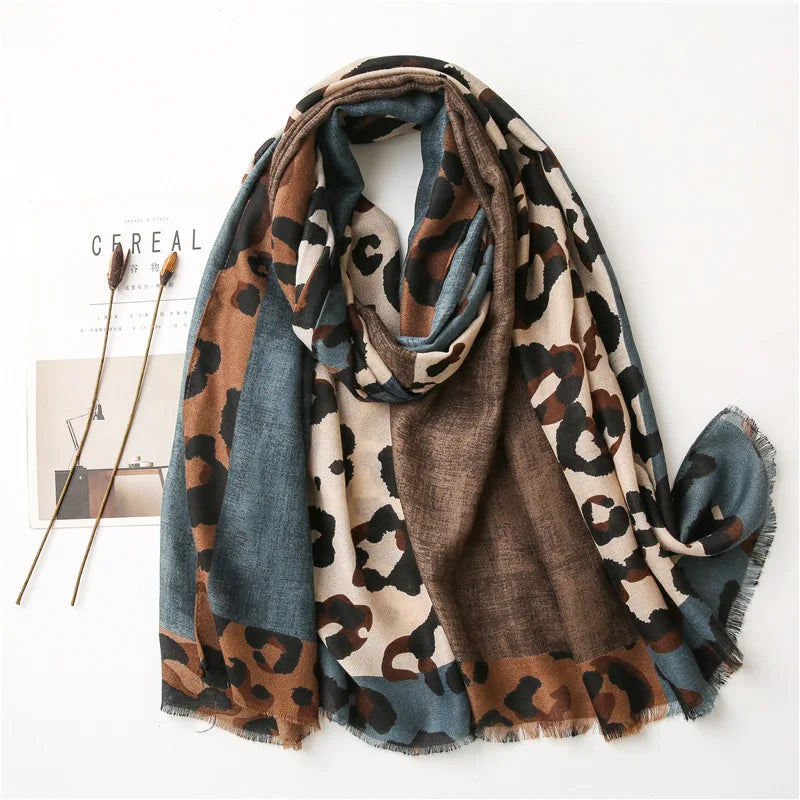 Women's Winter Viscose Shawl Scarf Fashion Leopard Print Multicolor Patchwork Traditional Style