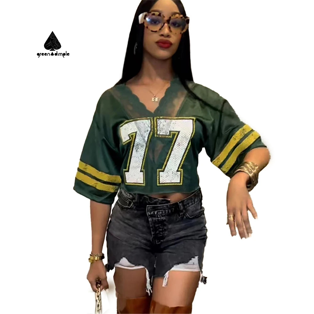 Green Dimple Vintage Mesh Jersey T Shirt Lace V Neck Splicing Loose Y2K Women Fashion T-shirts Top
