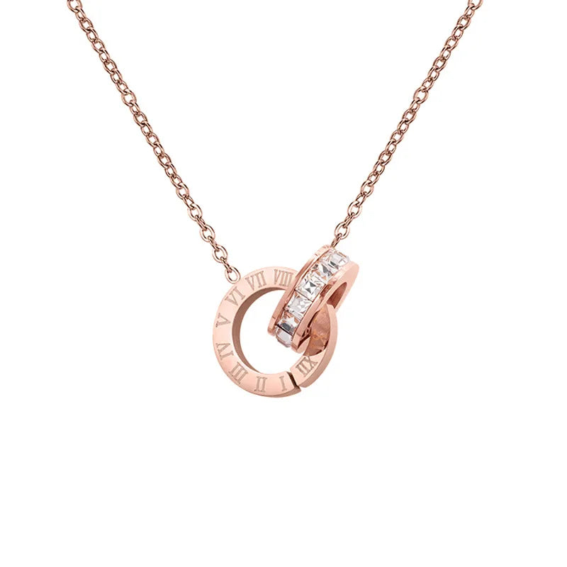 Double Ring Fashion Personality Stainless Steel Necklace Roman Numerals Pendant Rose Gold Titanium Steel Women's Necklace