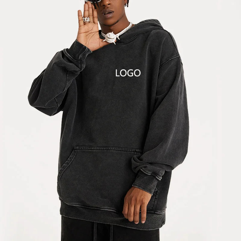 Wholesale Custom Logo Men's Hoodie Pullover 100% Organic Cotton Plain Hoodie Mens Vintage Washed Heavyweight Blank