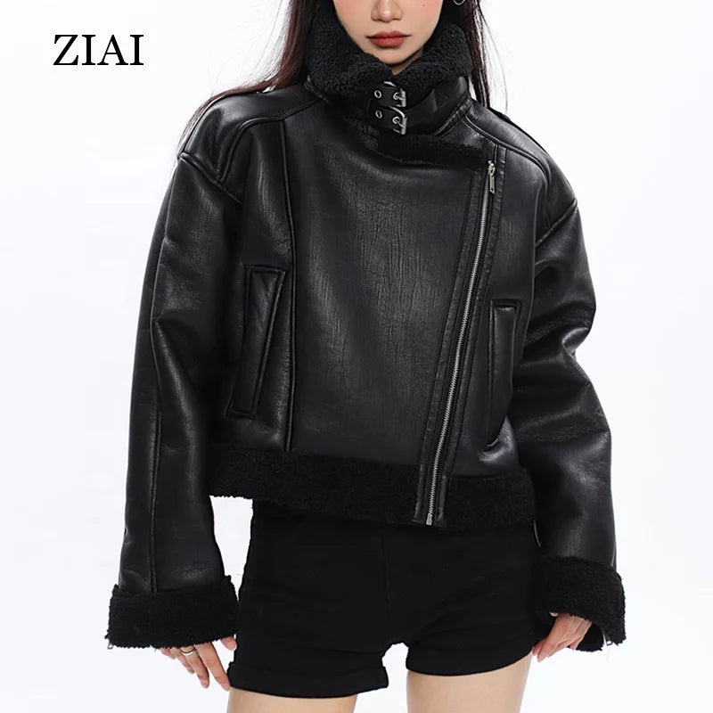 Fur Integrated Short Leather Lamb Wool Motorcycle Jacket Women's New Winter Tops Ladies Winter Jackets