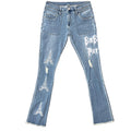 DENIMGUYS Custom Embroidery Logo Men Vintage Indigo Blue Stacked Distressed Ripped Denim Bootcut Pants Men's Flared  Jeans