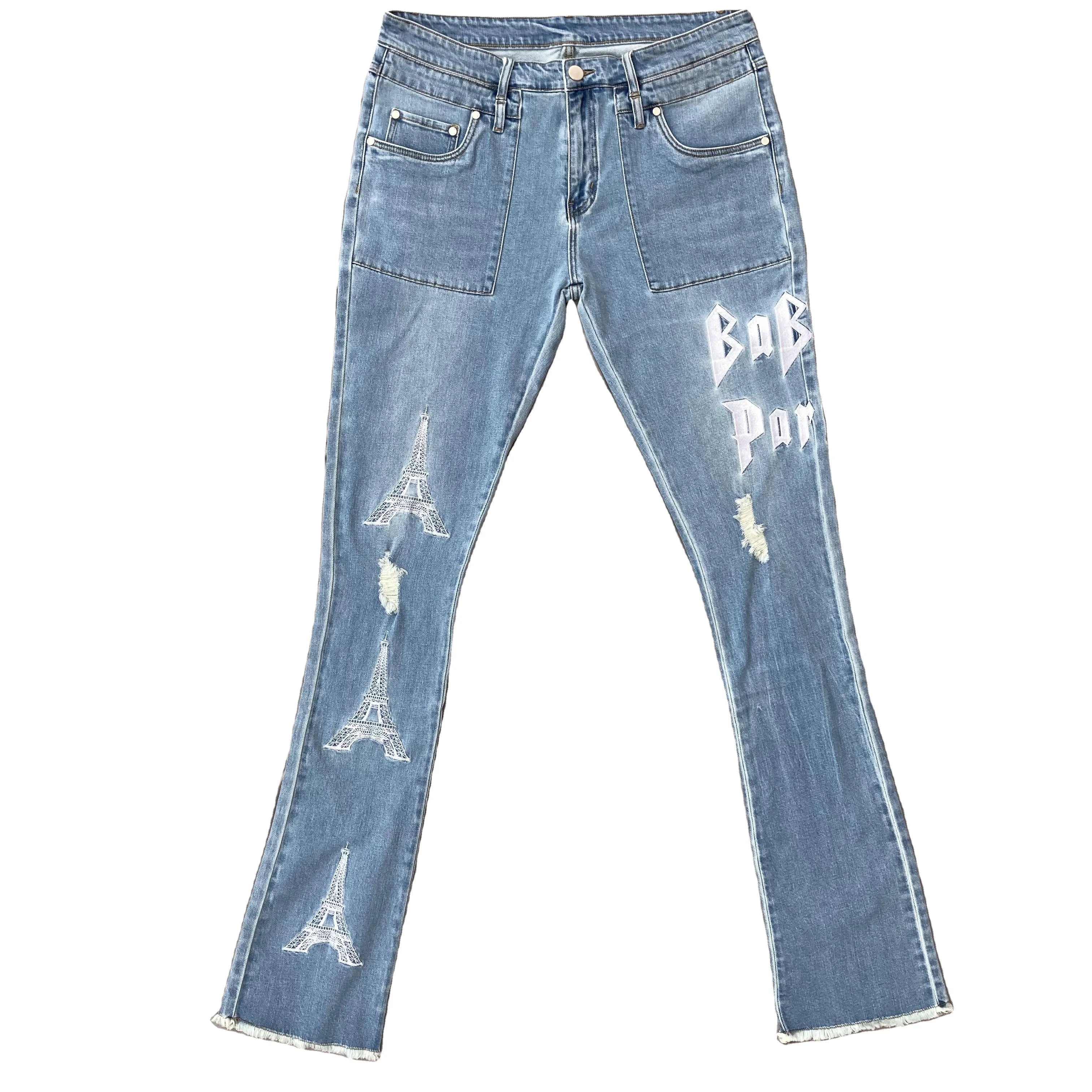 DENIMGUYS Custom Embroidery Logo Men Vintage Indigo Blue Stacked Distressed Ripped Denim Bootcut Pants Men's Flared  Jeans