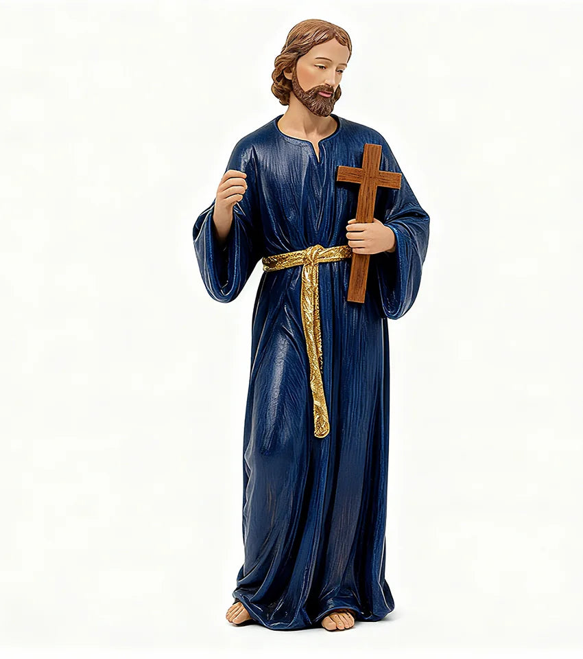 Resin Statue of Jesus Christ Carrying the Cross in a Blue Robe with a Gold Sash Religious Figurine with Bare Feet