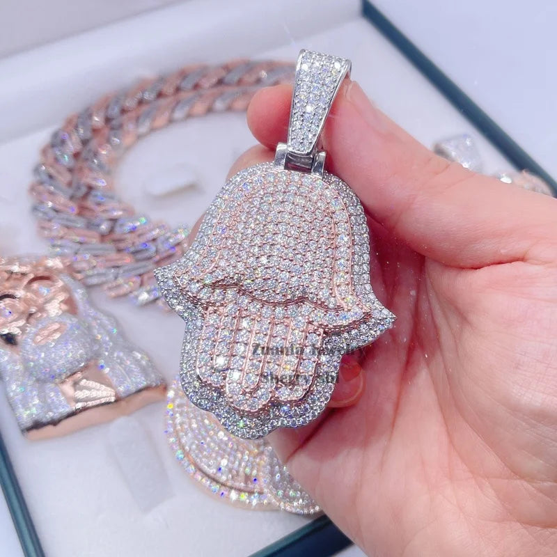 Zuanfa Jewelry 3.0" Rose Gold Two  Tone Sterling Silver Hip Hop Iced Out Moissanite Hamsa Pendant