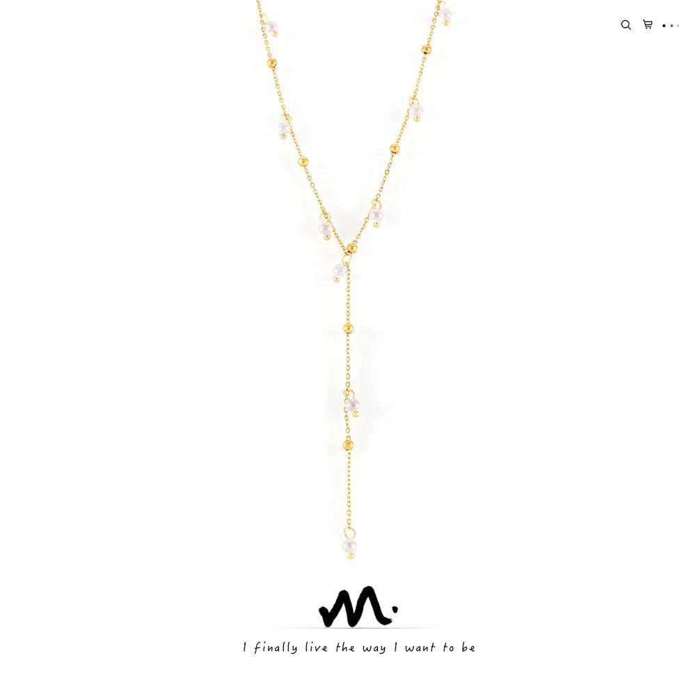 Retro Niche Luxury Imitation Pearl Necklace Tassel Clavicle Chain 18K Gold Choker Jewelry for Party Occasions