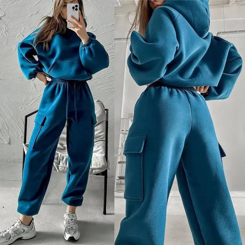 Women's Autumn New Fashion Long Sports Jogger Sweater Solid Casual Hoodie Top Pants Winter 2 Piece Set-Stand Collar Skinny Fit