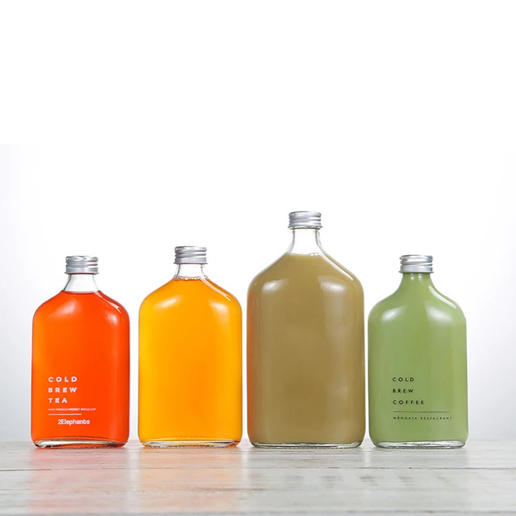 Hot Sale 350ml Empty Glass Juice Flat Flask Bottle with Aluminum Lid