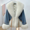 OFTBUY Women's Winter Jacket European American Style Navy Denim with Real Fox Fur Collar Elegant Streetwear Waterproof Feature