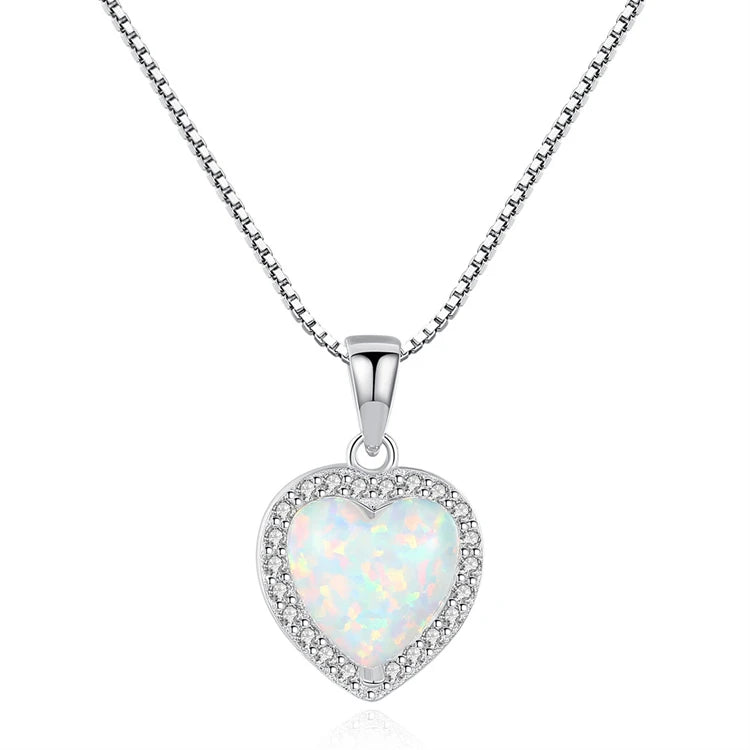 Fine Jewelry 925 Sterling Silver Love Heart Shape Natural Opal Pendant Necklace for Women Girls