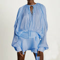 OUDINA Fashion Hollow Pleated Ribbon Long Sleeve Female Casual Party Dresses Women's Summer Dress