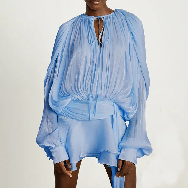 OUDINA Fashion Hollow Pleated Ribbon Long Sleeve Female Casual Party Dresses Women's Summer Dress