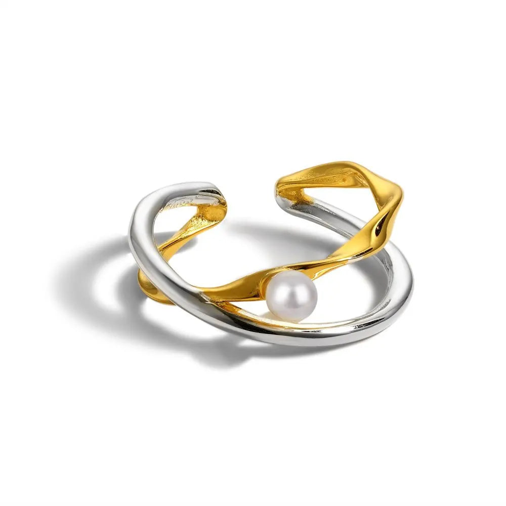 Rainbowking S925 Sterling Silver Ring Women Temperament Ins Pearl Inlay Two-color Plating Niche Design High Jewelry Ring