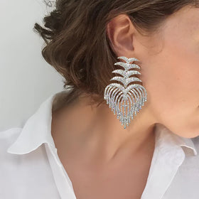 European and American Luxury Coconut Tree Tassel Rhinestone Earrings Statement Heart Drop Earrings Accessories