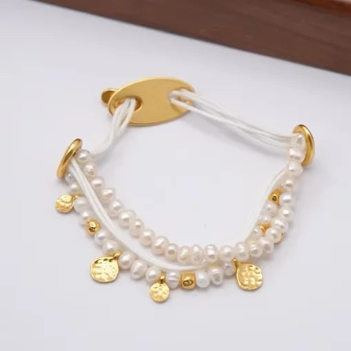 Elegant Trendy White Thread Eco-Friendly Real Gold Plated Brass Natural Pearl OT Buckle Unisex Bracelet Third Party Certified