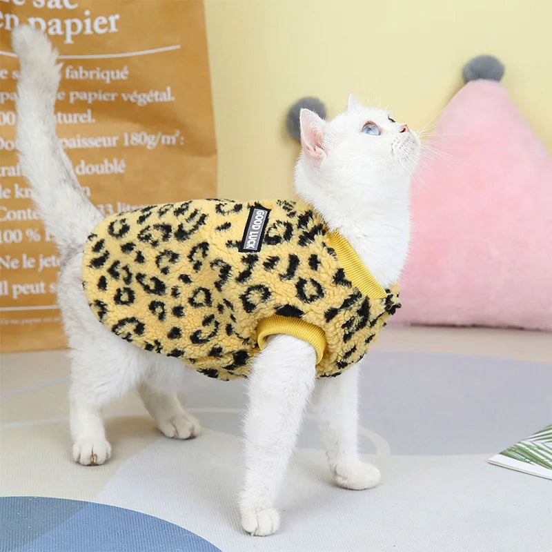Cute Luxury Winter Pet Cat Eco-Friendly Cosplay Warm Fleece Velvet Leopard Print Cat Vest Clothes