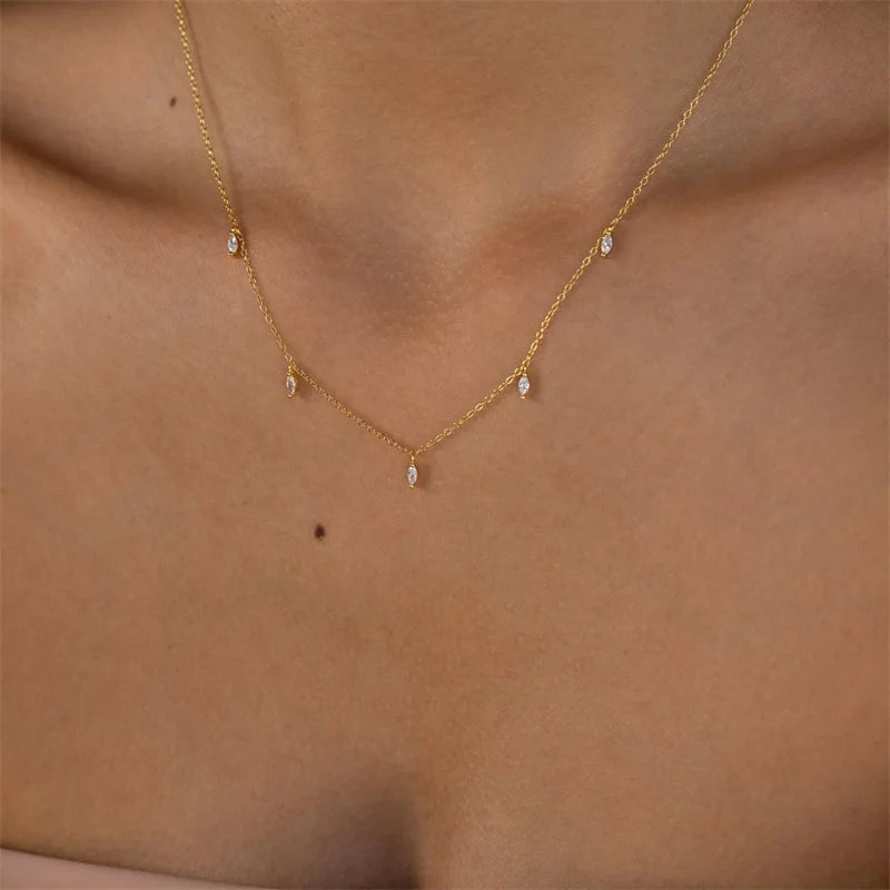 Popular Women Fashion Stainless Steel Jewelry Simple Golden White Emerald Zircon Stone Pendant Tarnish Free Necklace
