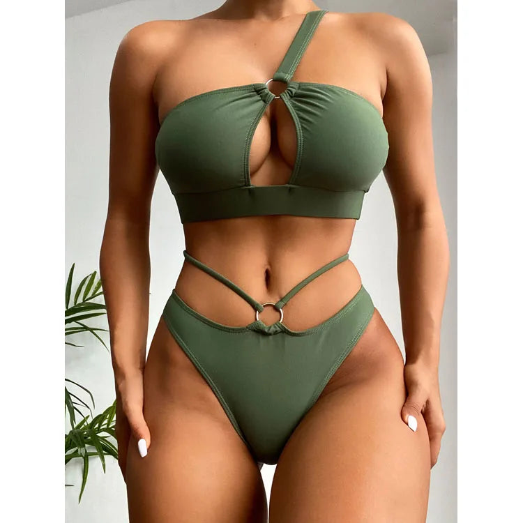 New Two Piece Swimsuit Solid Color Hollow Bikini High Waist Ring One Shoulder Swimwear