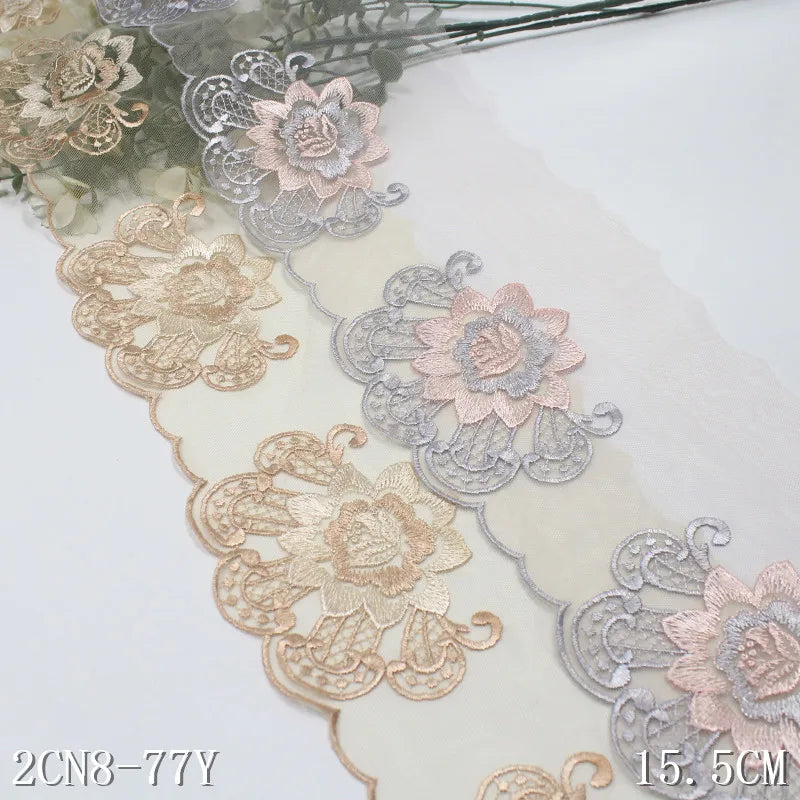 Elegant 15CM Nude Light pink Tulle Big Flower Pattern Voile Lace Trim Fabric Embroidery Lace for Women Prom Dress
