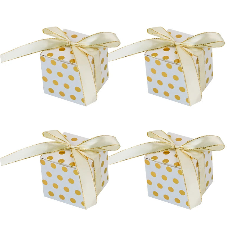 Dot Design Small Candy Chocolate Paperboard Boxes Ribbon Square Recyclable Gift Favor Boxes for Wedding Birthday Party Supplies