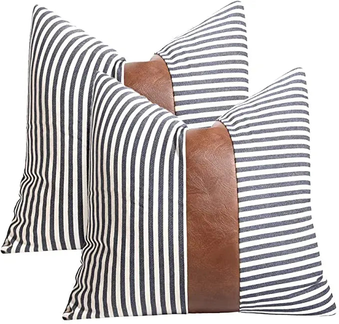 Home Decor Throw Pillow Cover Decorative Pillow Case Design Black Strips Faux Leather Patch Pillow 18x18 Geometric Cushion Cover