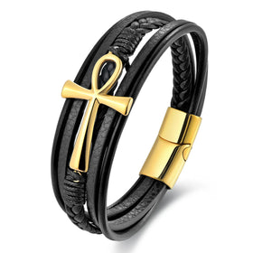 Trendy Design Viking Genuine Leather Bracelet Stainless Steel Magnetic Clasp Cross Accessory Leather Bracelet Jewelry Bangle Men