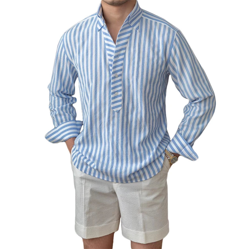 Italian Summer Light Breathable Bubble Fabric Long Sleeve Shirt Casual Vacation Striped Men's Shirt