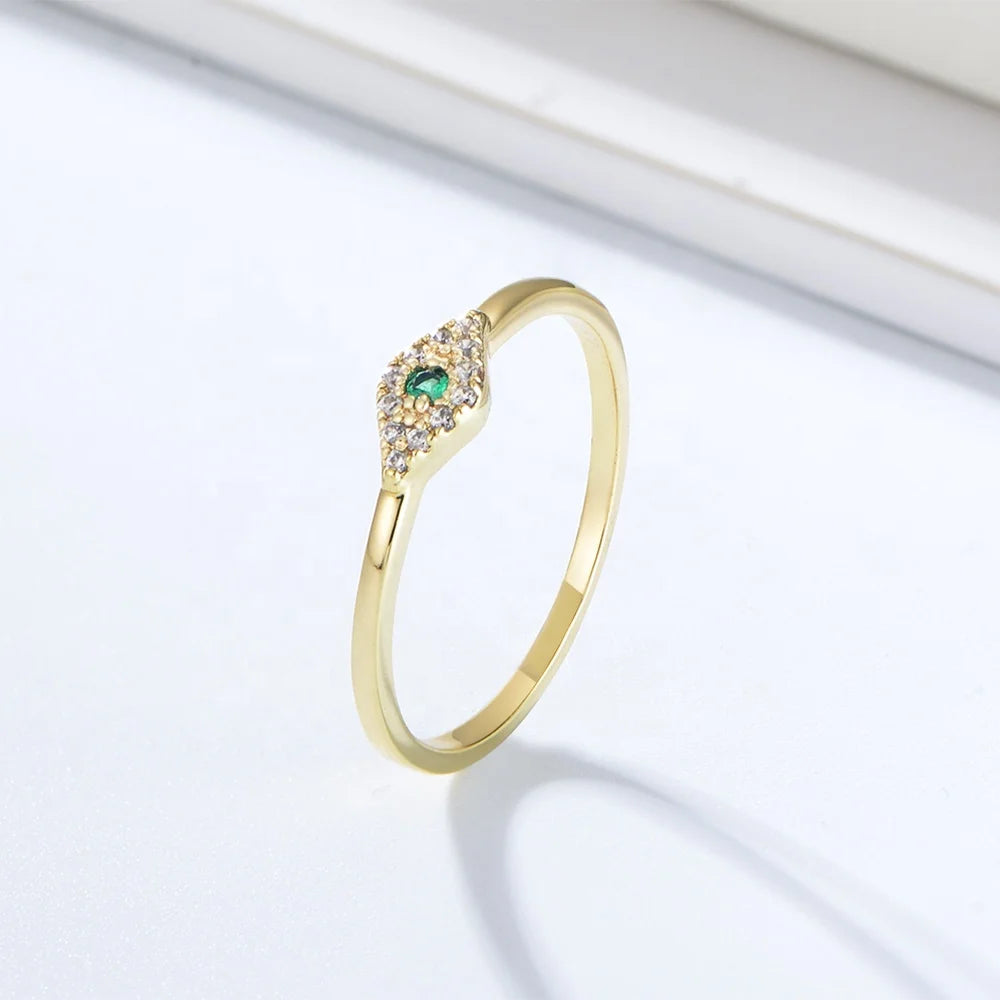 Fashion Design Simple 14K Gold Plated Cubic Zircon 925 Silver Green Gemstone Ring Jewelry Cz Turkish Evil Eye Rings