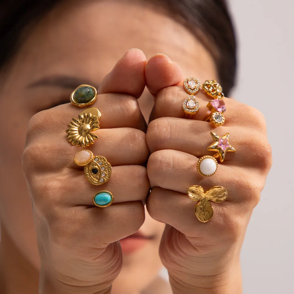 18K Gold Plated Fashion Jewelry Cubic Zircon Star Rings Stainless Steel Natural Stone Lava Flower Turquoise CZ Stone Open Rings