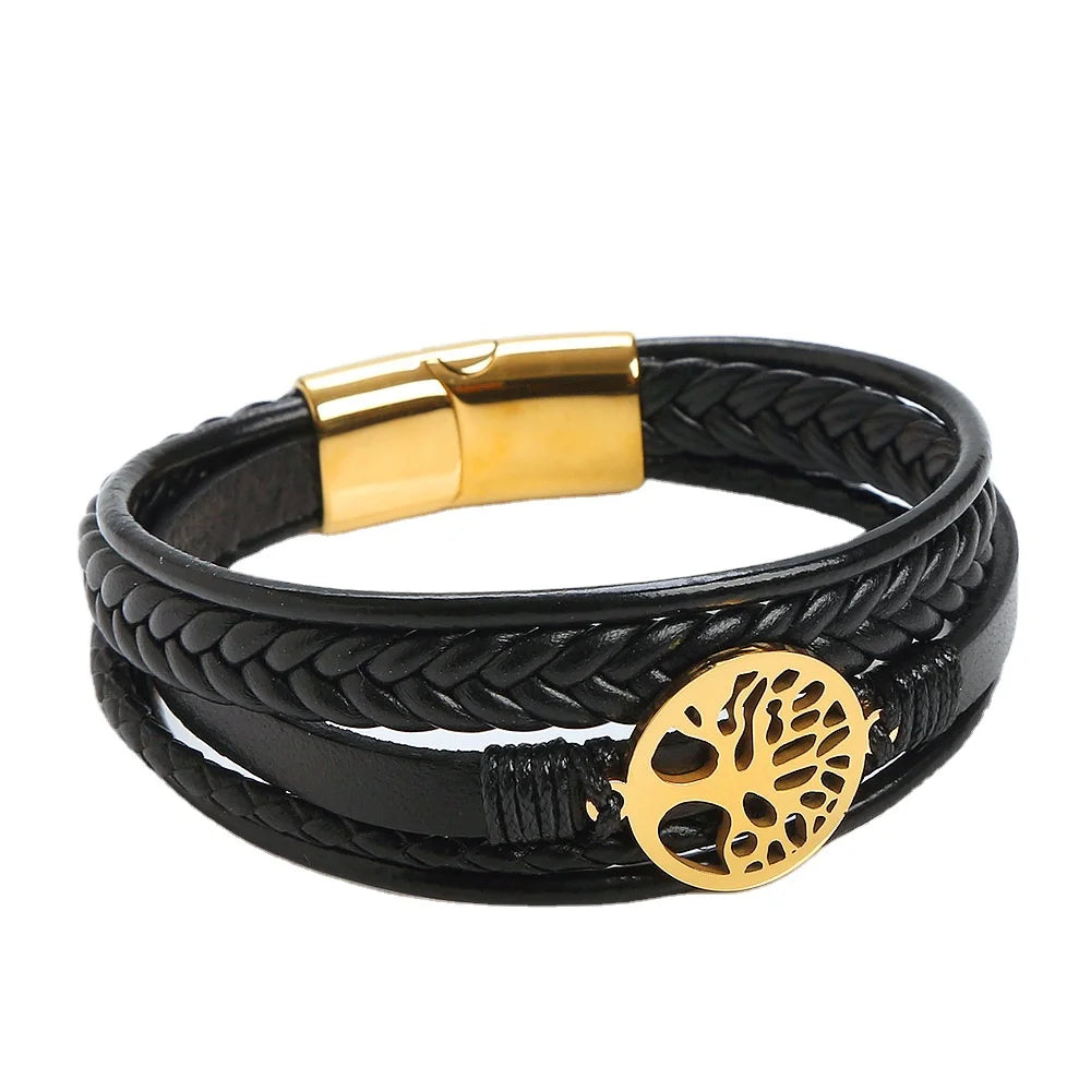Classic Style Braided Multilayer Stainless Steel Life of Tree Leather Bracelet