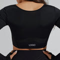 OEM ODM Custom Logo Stitching Women's Breathable Spring Long Sleeve Crop Top T-Shirts Thumb Cutout Reversible Design