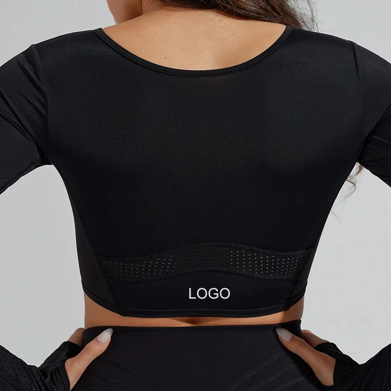 OEM ODM Custom Logo Stitching Women's Breathable Spring Long Sleeve Crop Top T-Shirts Thumb Cutout Reversible Design
