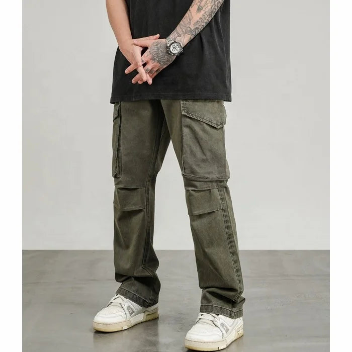 Custom Label  Drop Ship  Stock Street Wear Stock Black Men Stacked Cargo Flared Jeans