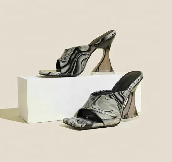 Custom Square Toe Open Toe Summer High Heel Sandals 12cm Heel Air Cushion Clear Heel for Women Large Size Graffiti Candy Color