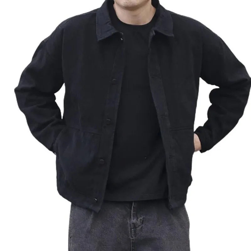 RNSHANGER Men's Loose Casual Denim Jacket Fashion Korean Style Simple Lapel Button-up Coats Solid All-match Jean Jacket