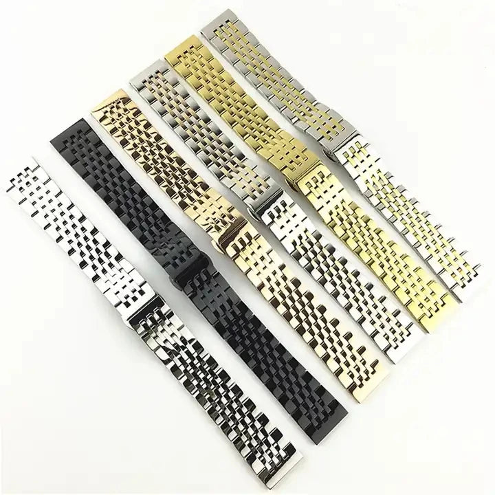 Seven Beads Curved End Stainless Steel Watch Band for Men Women Brushed Solid Metal Watch Strap Bracelet with Butterfly Clasp