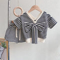 Girls' Suit Summer 2025 New Girls Bow Striped Shorts Set of 2 Pieces